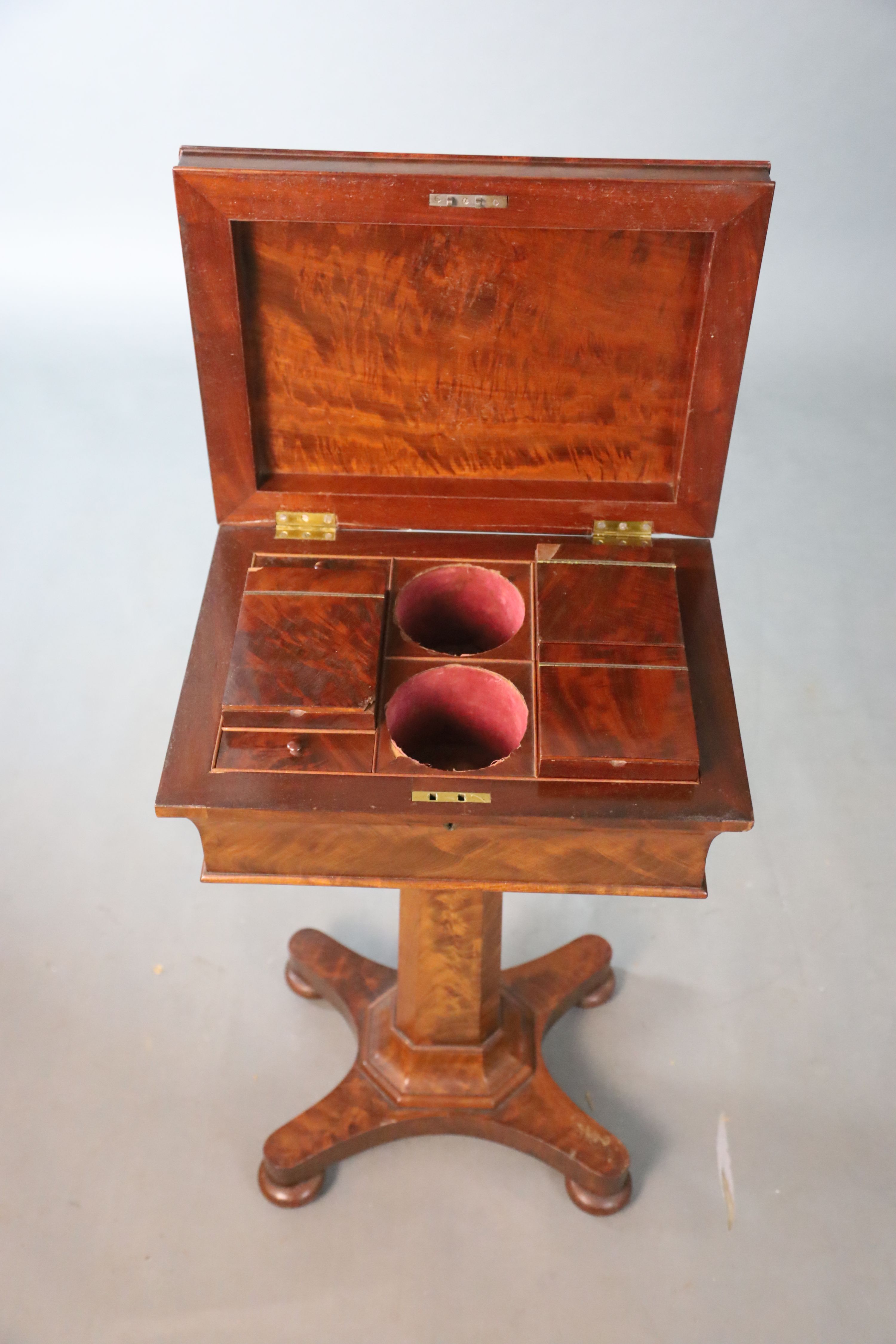 An early Victorian mahogany teapoy, W.43cm D.33cm H.76cm